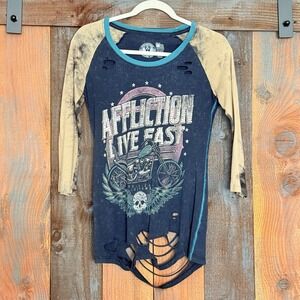 Affliction Live Fast Y2K Distressed Destroyed 3/4 Sleeve Graphic Shirt Small